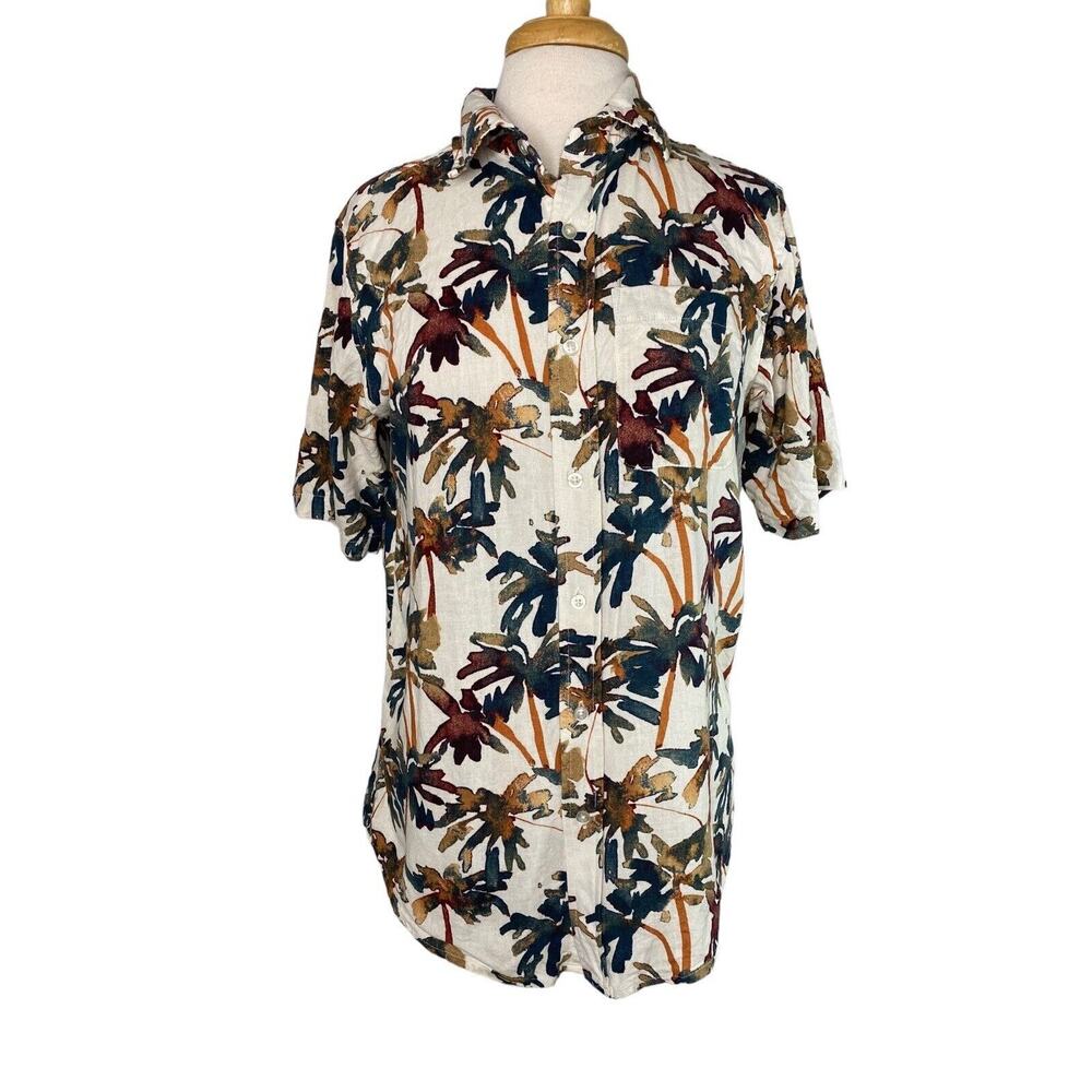 NATURALS D&CO Tropical Linen Blend Button Up Shirt Size XS US Short Sleeve